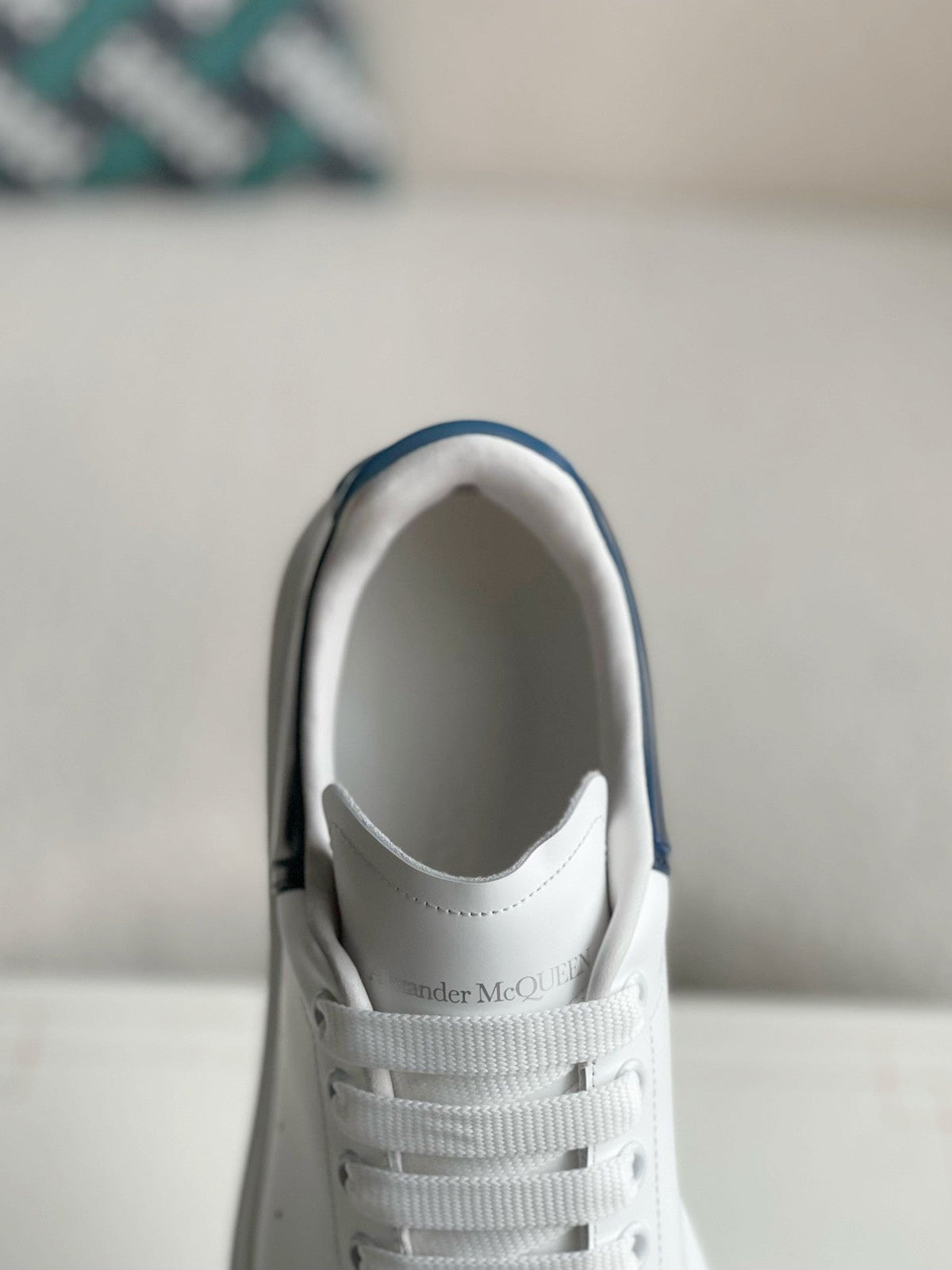 Alexander McQueen White Leather Oversized Sneakers with Navy Blue Patent Heel