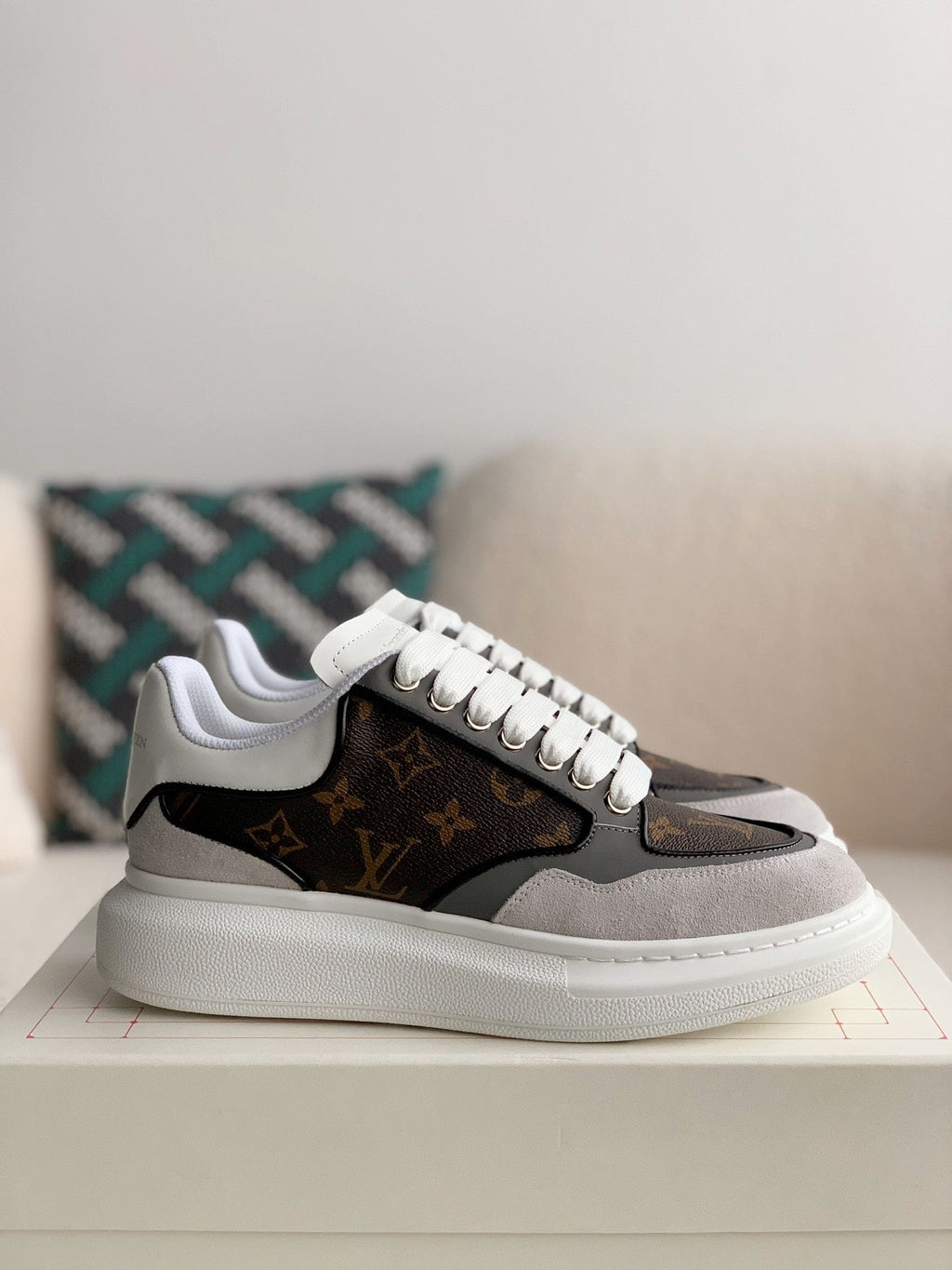Alexander McQueen x Louis Vuitton Oversized Sneakers with Brown Monogram and Grey Suede Accents