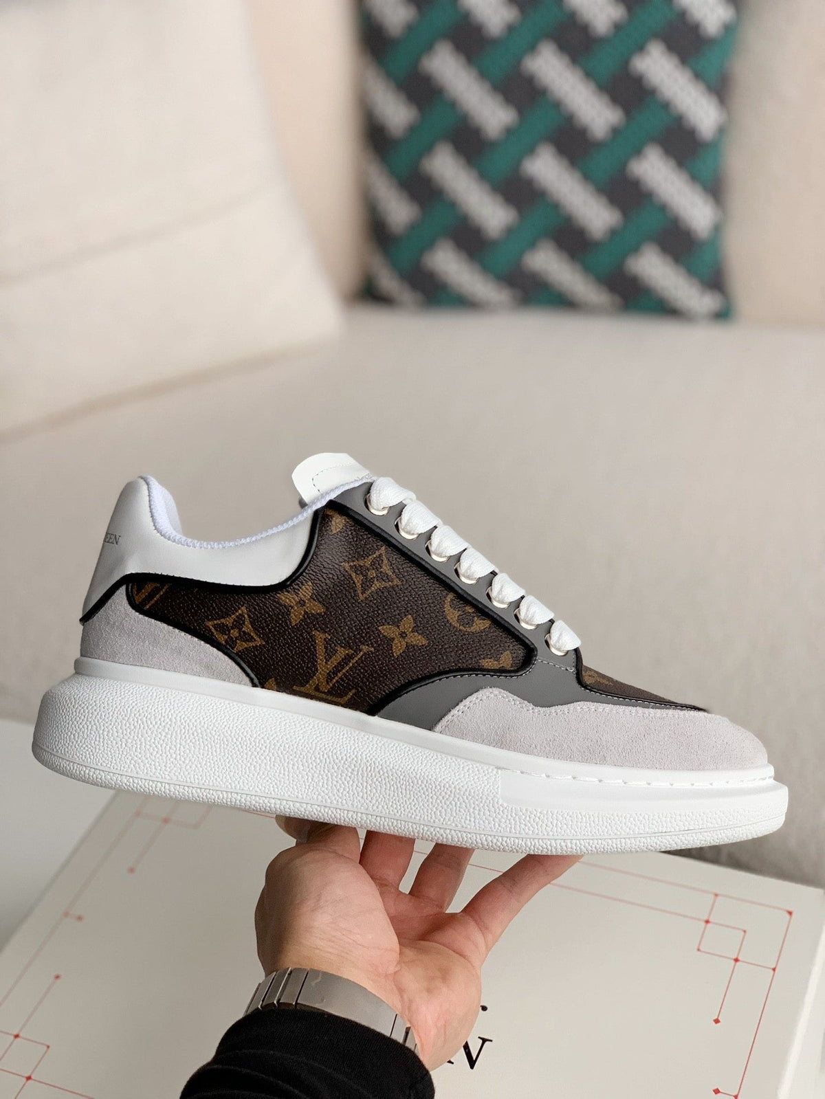 Alexander McQueen x Louis Vuitton Oversized Sneakers with Brown Monogram and Grey Suede Accents