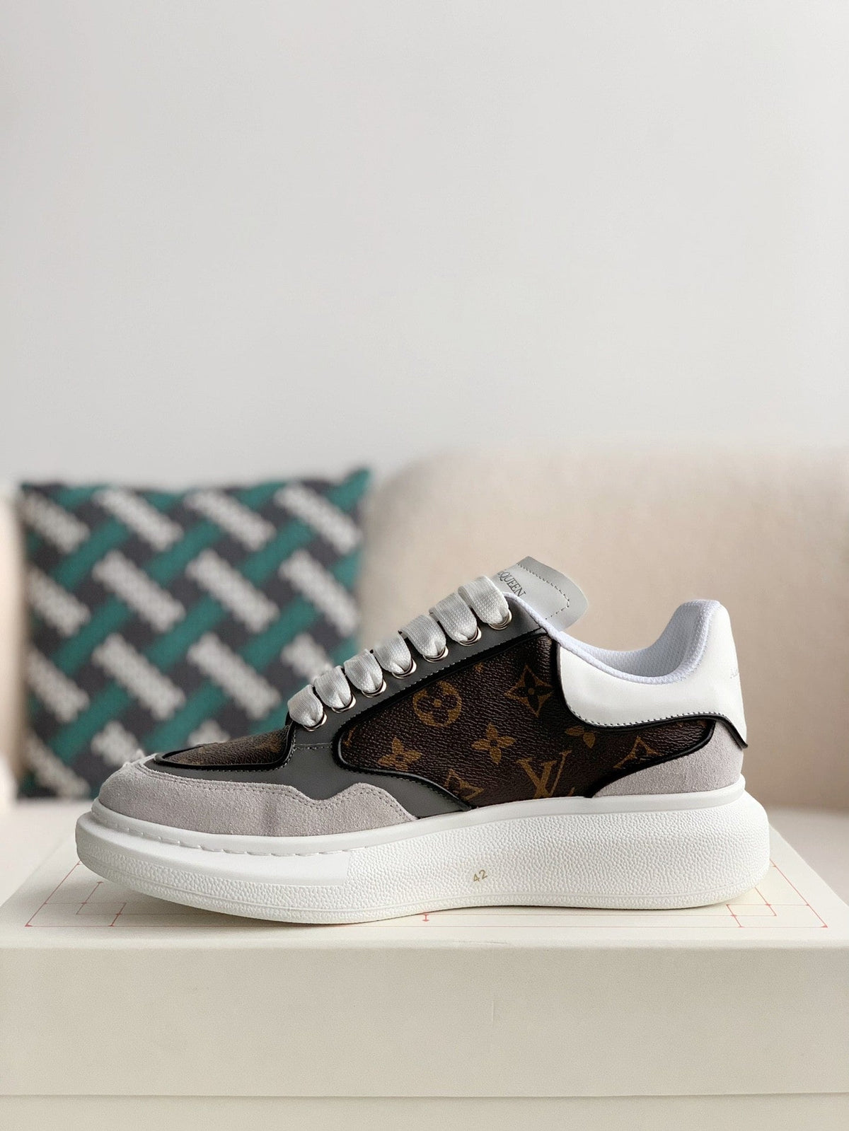 Alexander McQueen x Louis Vuitton Oversized Sneakers with Brown Monogram and Grey Suede Accents