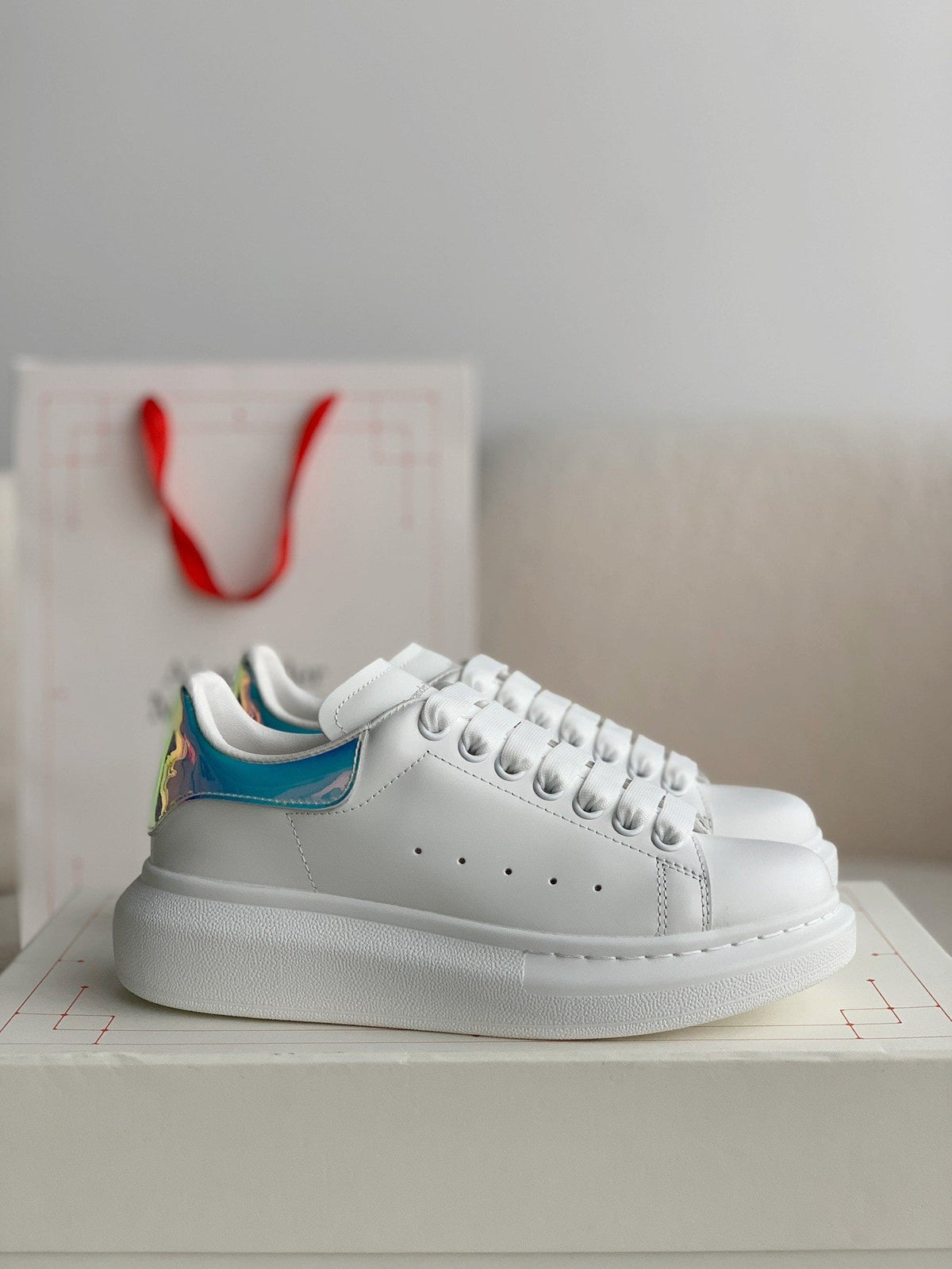 Alexander McQueen White Leather Oversized Sneakers with Holographic Iridescent Heel