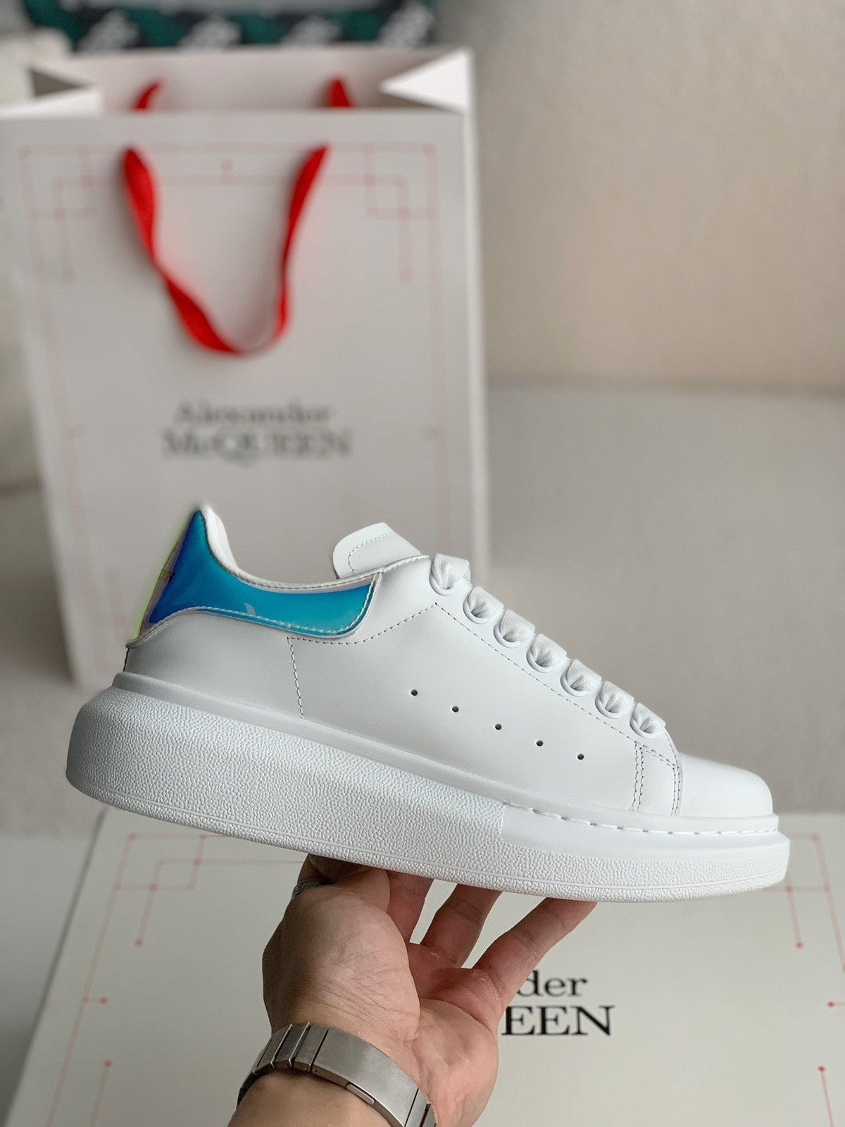 Alexander McQueen White Leather Oversized Sneakers with Holographic Iridescent Heel