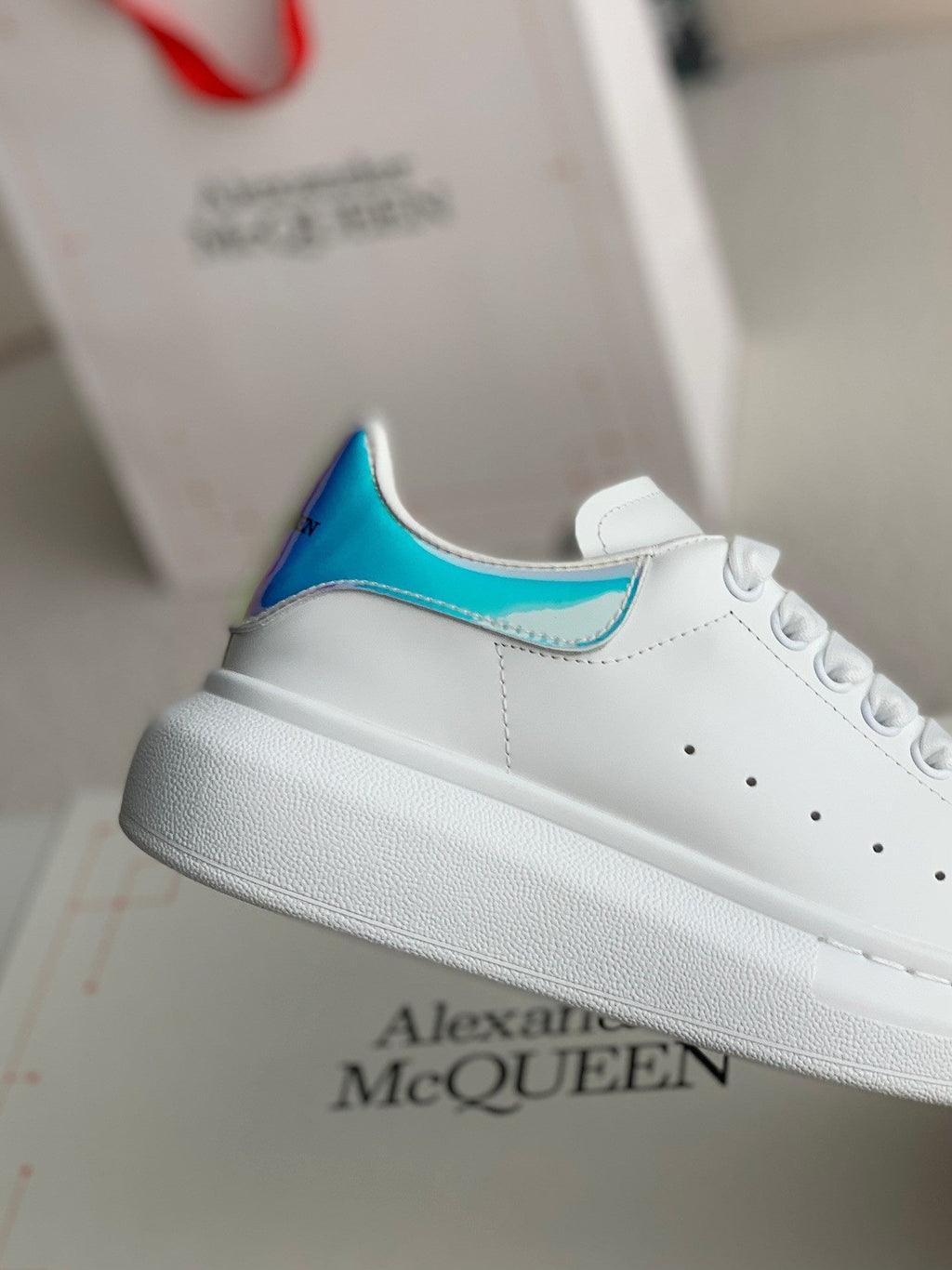 Alexander McQueen White Leather Oversized Sneakers with Holographic Iridescent Heel