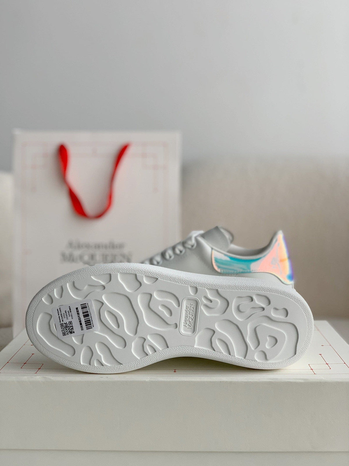 Alexander McQueen White Leather Oversized Sneakers with Holographic Iridescent Heel