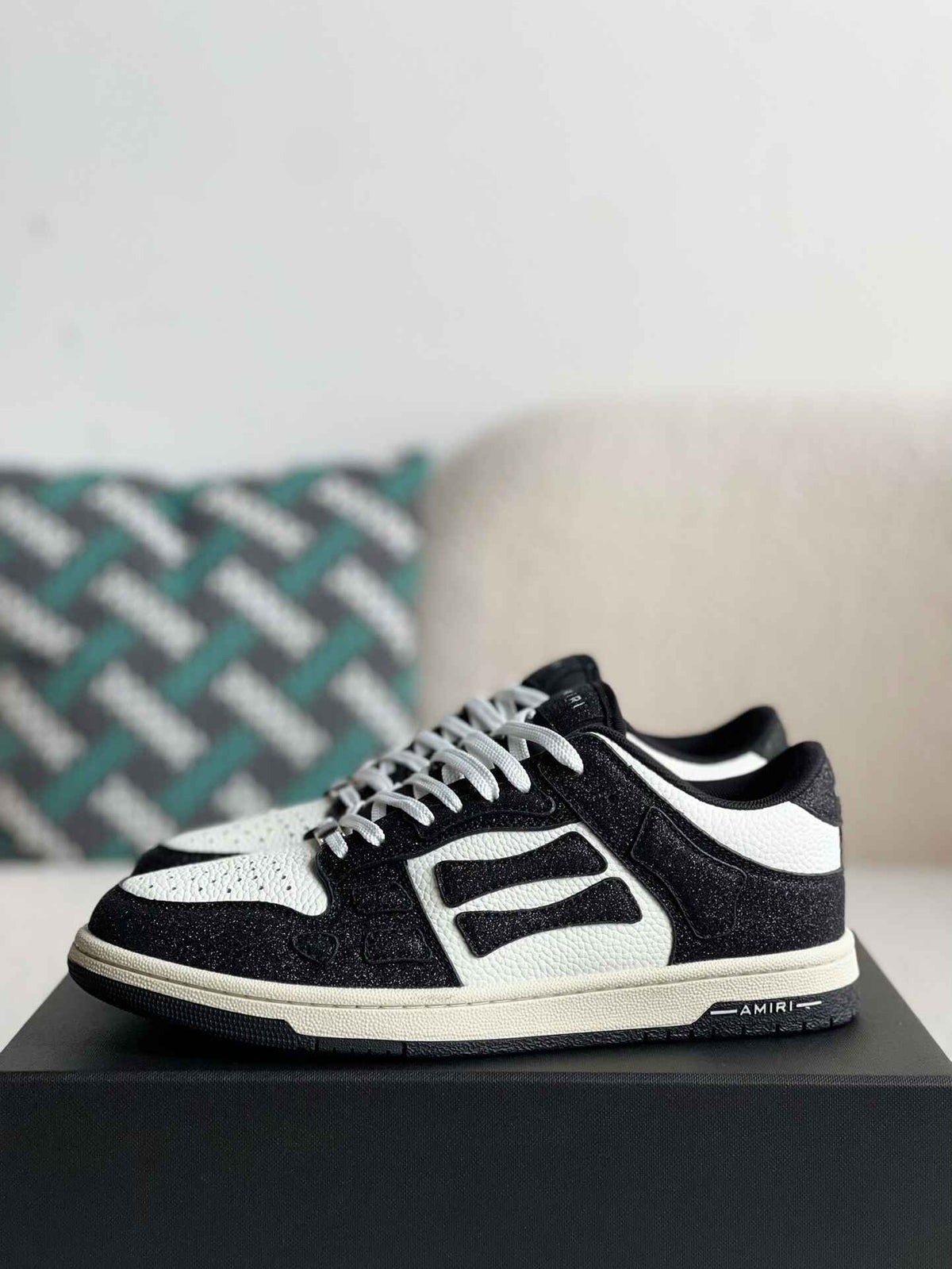 Amiri Skel Top Low – Black Glitter & White Grained Leather
