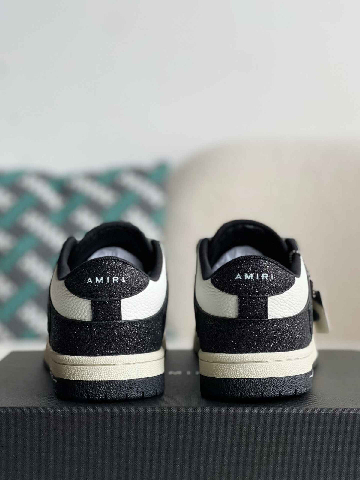 Amiri Skel Top Low – Black Glitter & White Grained Leather