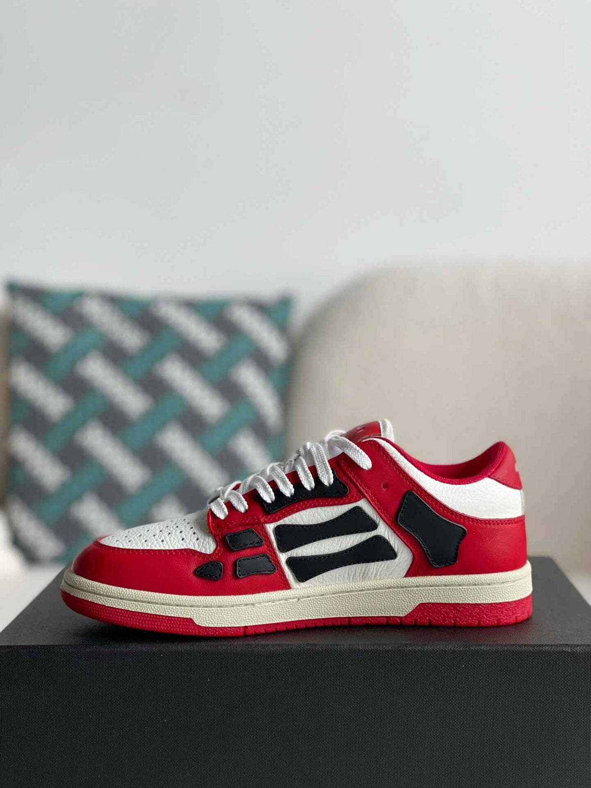 Amiri Skel Top Low – Red, White & Black Grained Leather