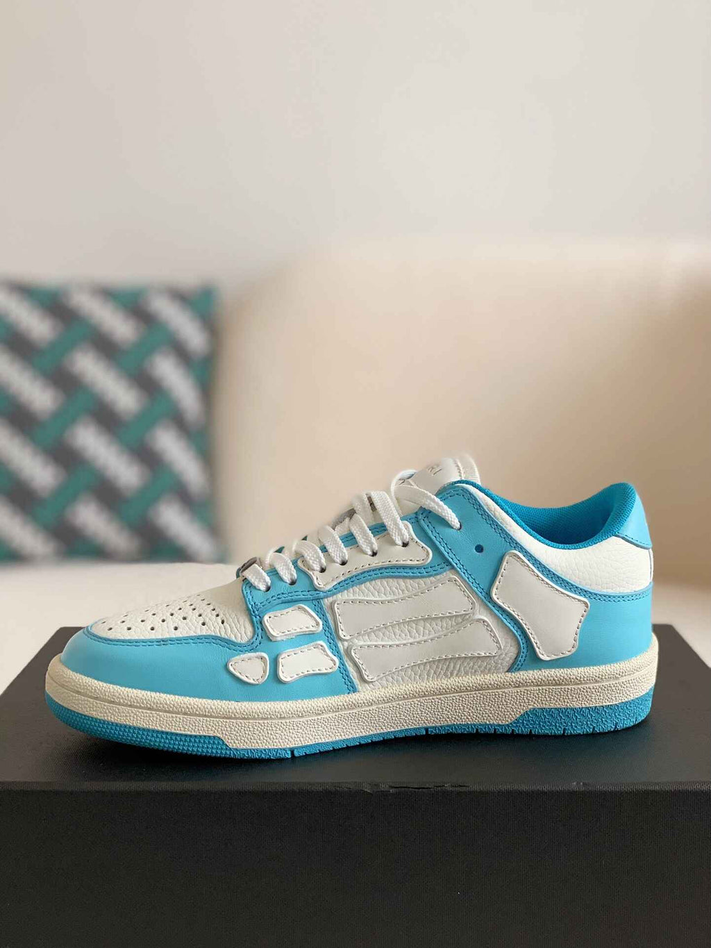 Amiri Skel Top Low – White & Sky Blue Grained Leather