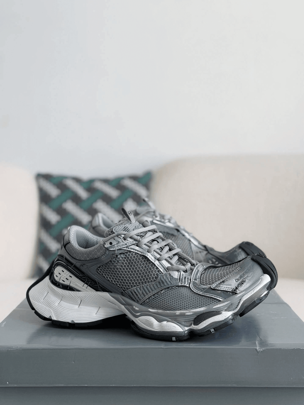 Balenciaga Men's Stapler Sneaker in Grey/ Silver/ Black/ White