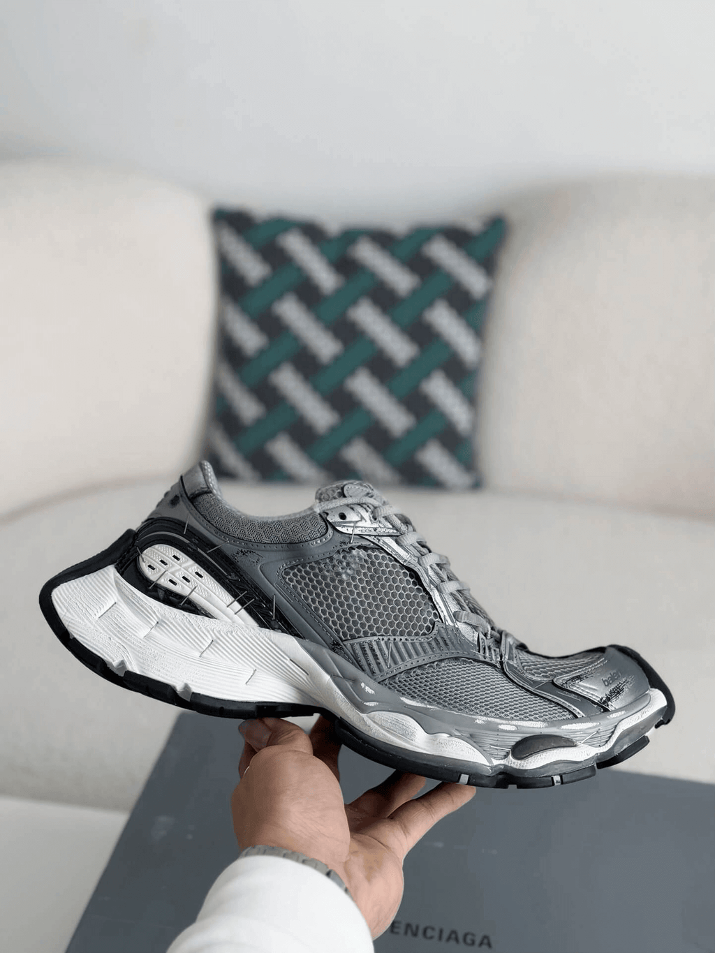 Balenciaga Men's Stapler Sneaker in Grey/ Silver/ Black/ White