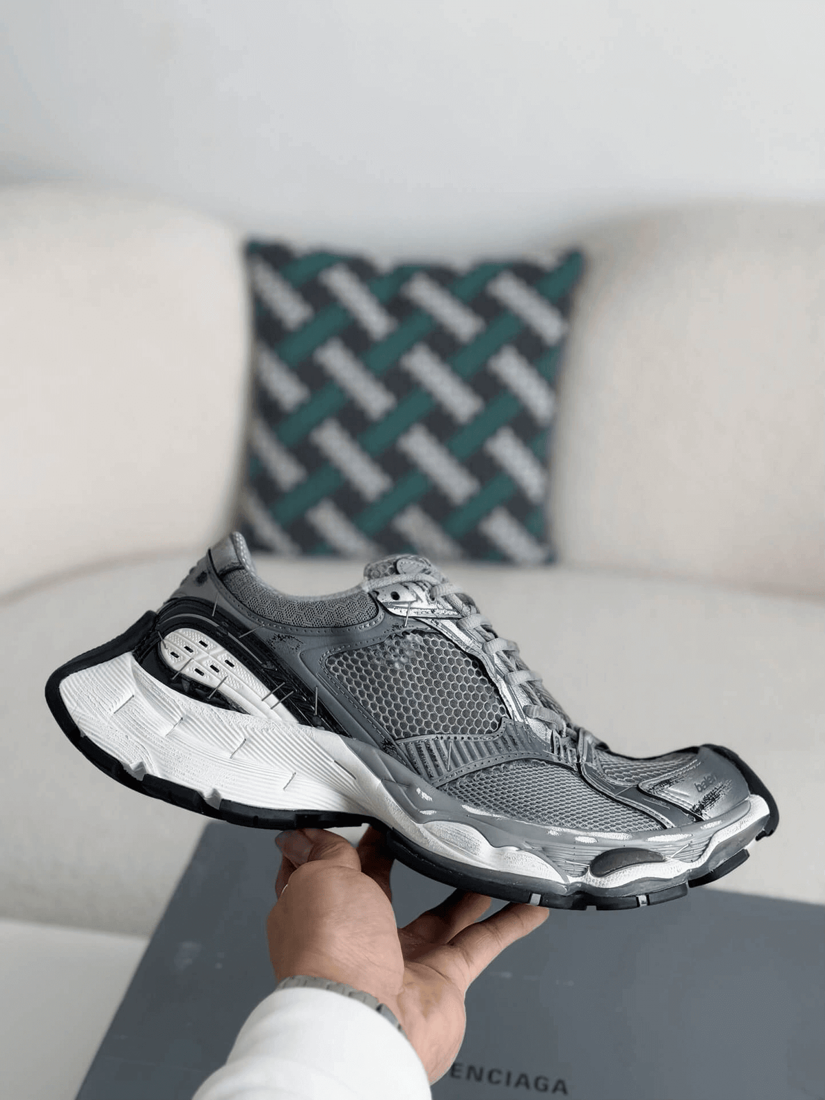Balenciaga Men's Stapler Sneaker in Grey/ Silver/ Black/ White