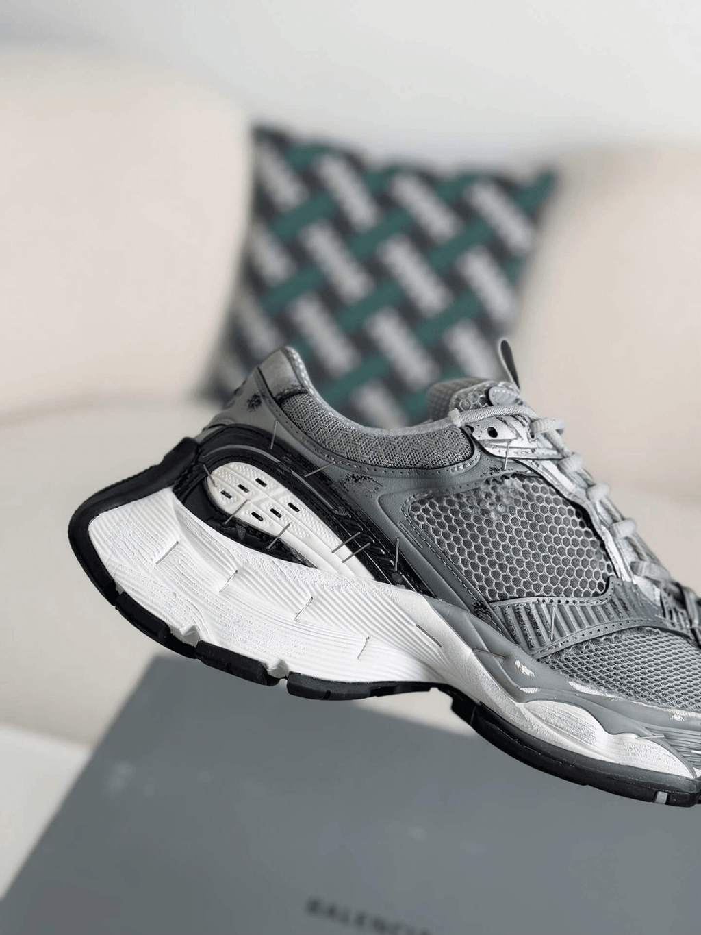Balenciaga Men's Stapler Sneaker in Grey/ Silver/ Black/ White