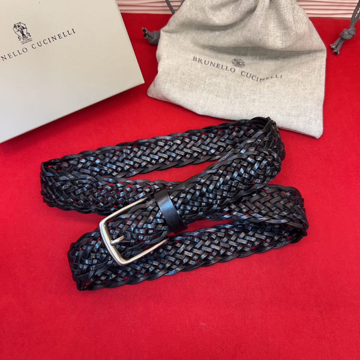 Brunello Cucinelli Woven Leather Belt Black Hand-Woven Calfskin