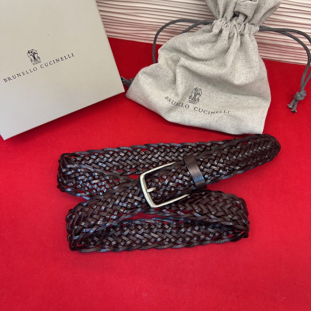 Brunello Cucinelli Woven Leather Belt Dark Brown Hand-Woven Calfskin