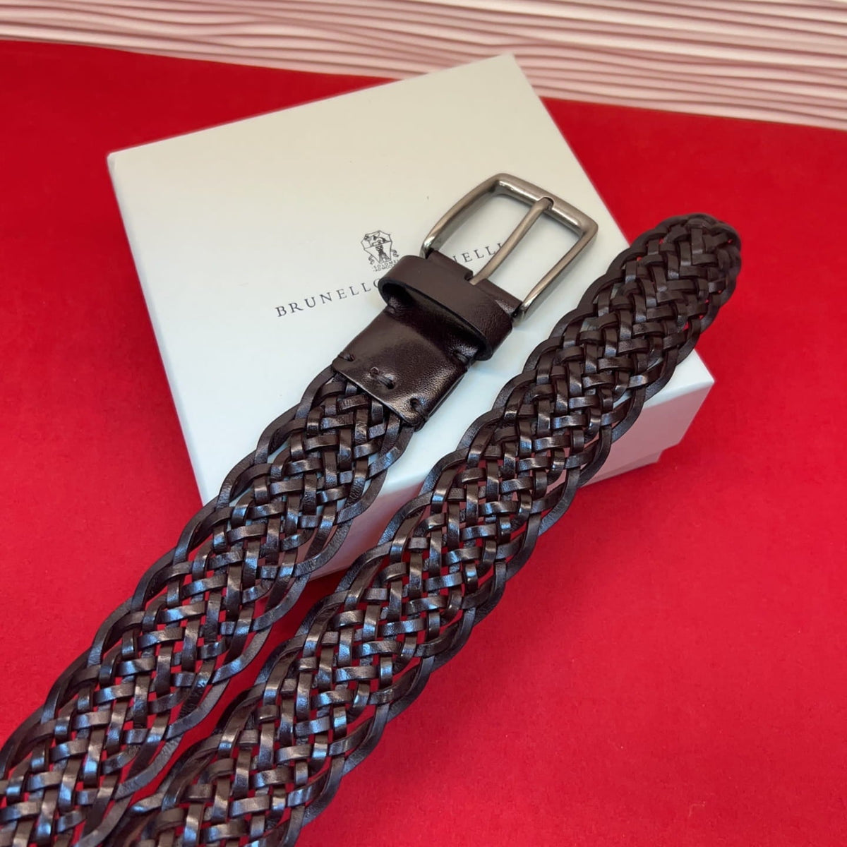 Brunello Cucinelli Woven Leather Belt Dark Brown Hand-Woven Calfskin