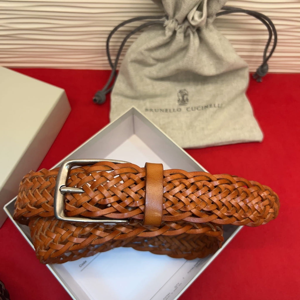 Brunello Cucinelli Woven Leather Belt Tan Hand-Woven Calfskin
