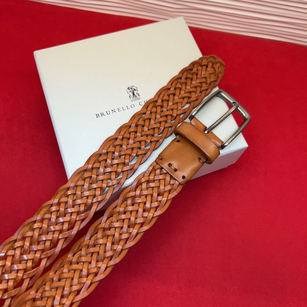 Brunello Cucinelli Woven Leather Belt Tan Hand-Woven Calfskin
