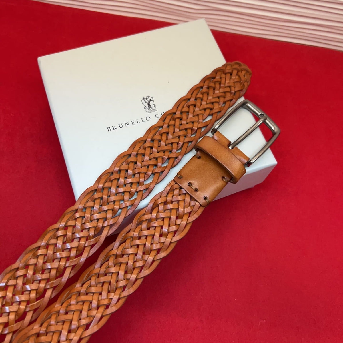 Brunello Cucinelli Woven Leather Belt Tan Hand-Woven Calfskin