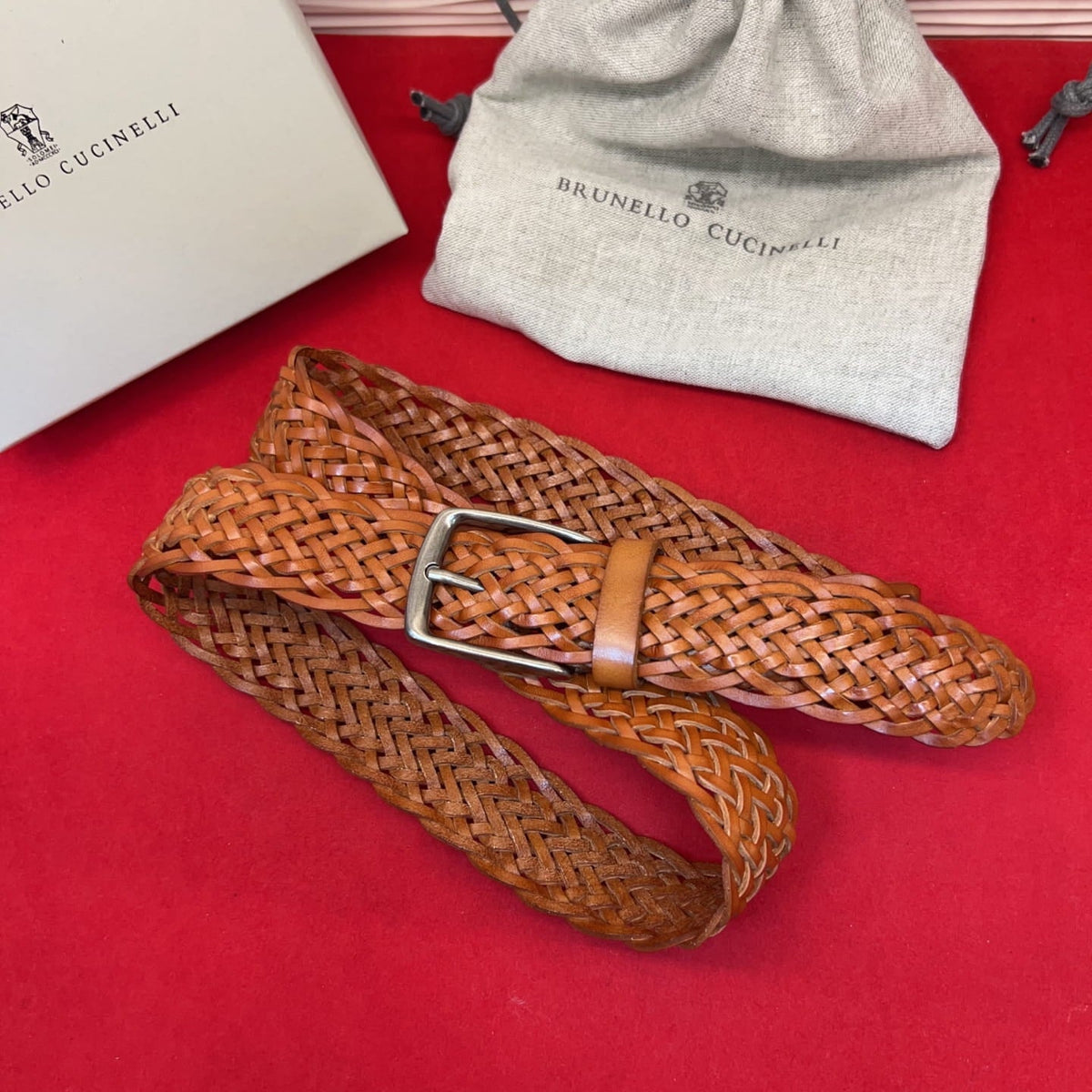 Brunello Cucinelli Woven Leather Belt Tan Hand-Woven Calfskin