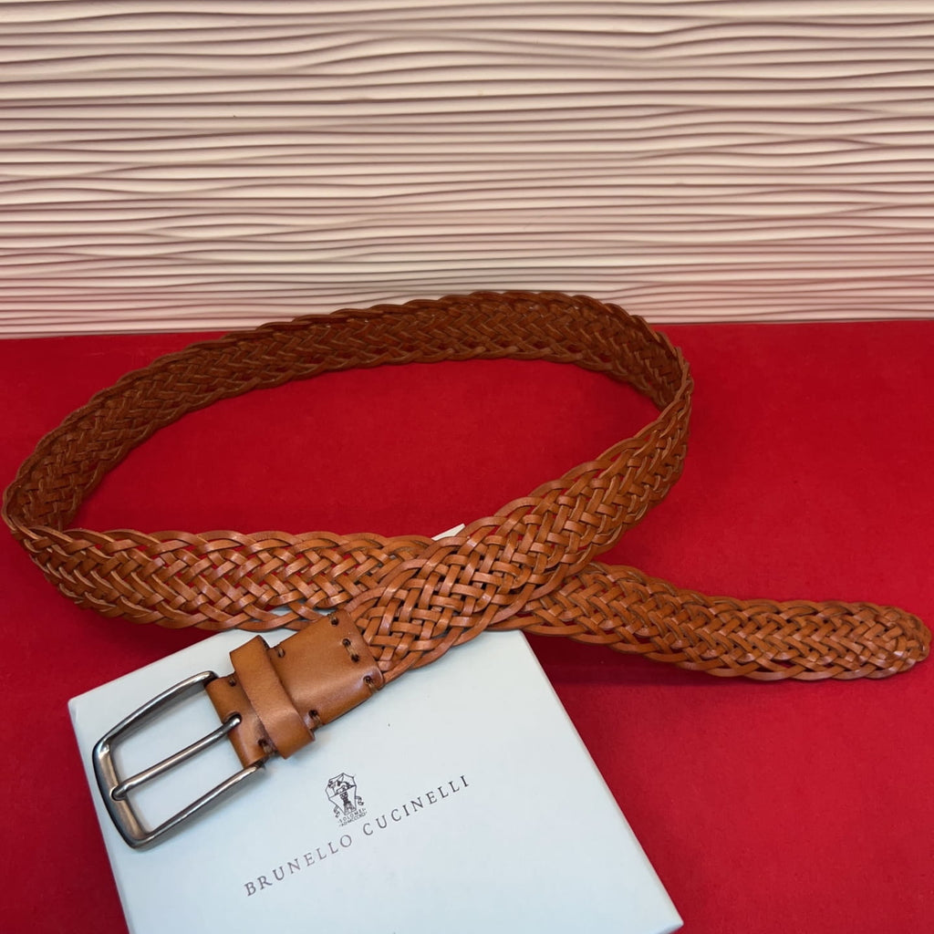 Brunello Cucinelli Woven Leather Belt Tan Hand-Woven Calfskin