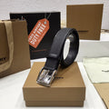 Burberry Black Grained Leather Joe Buckle Belt with Polished Silver Hardware