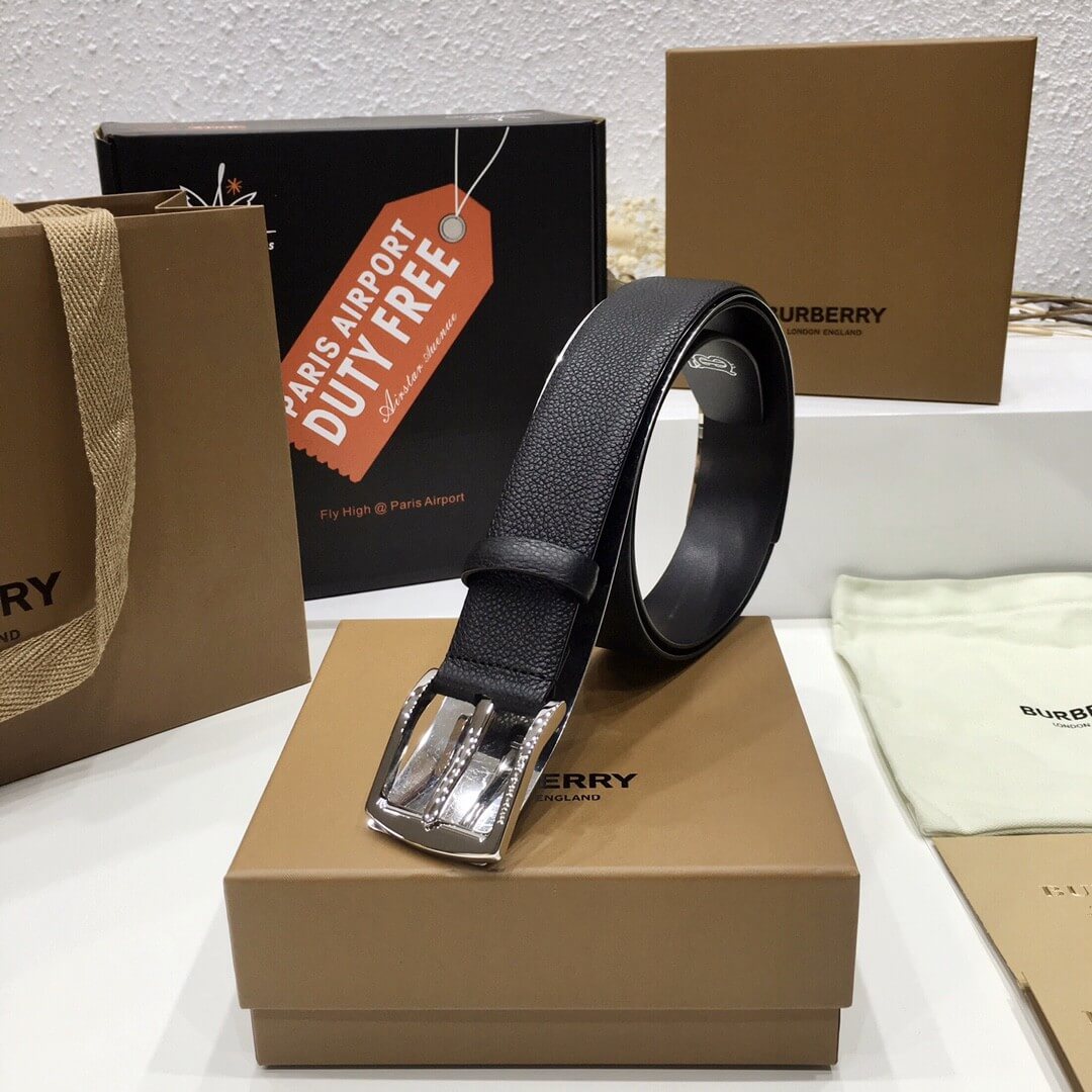 Burberry Black Grained Leather Joe Buckle Belt with Polished Silver Hardware