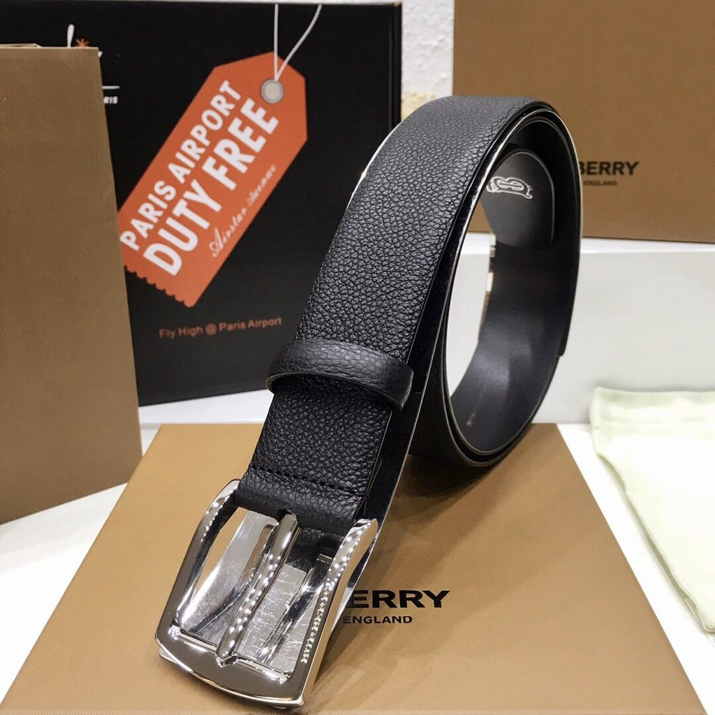 Burberry Black Grained Leather Joe Buckle Belt with Polished Silver Hardware