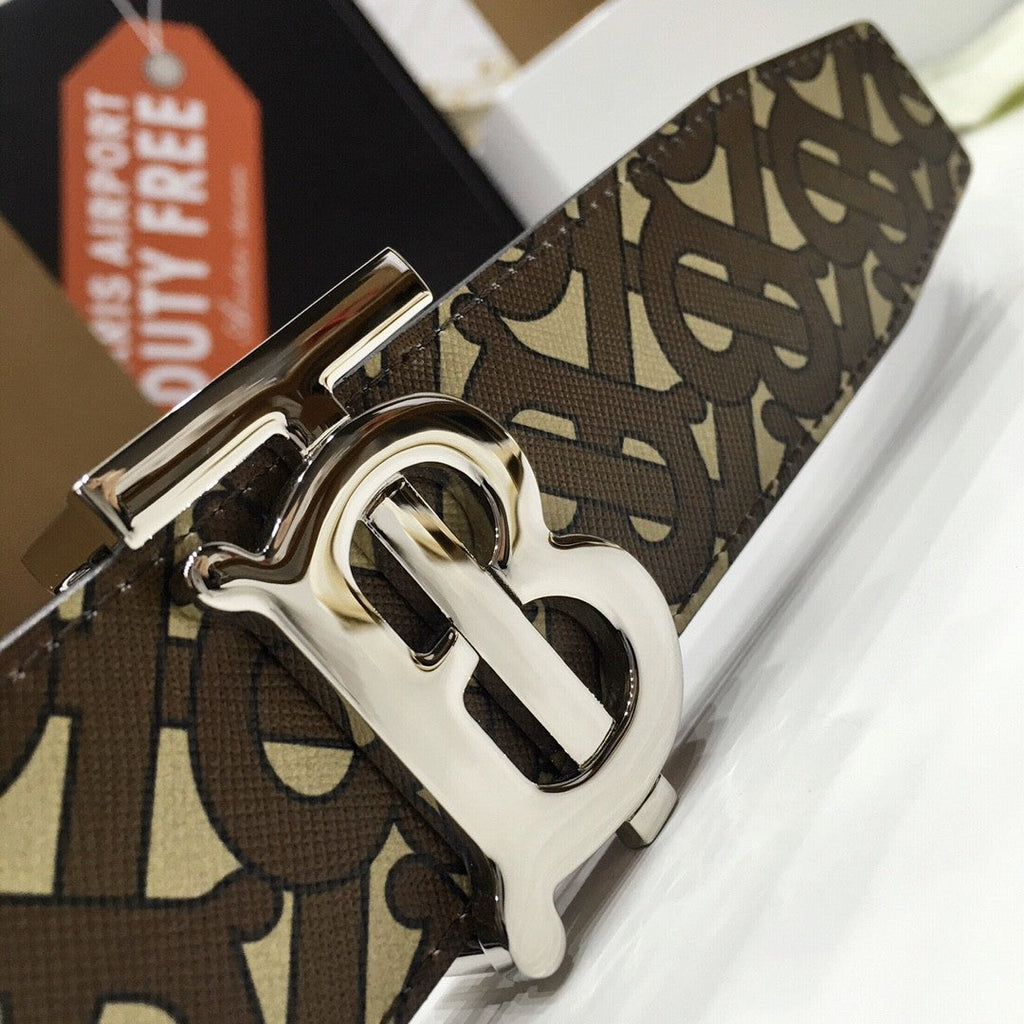 Burberry Brown Bridle Monogram Coated Canvas TB Buckle Belt in Silver Hardware