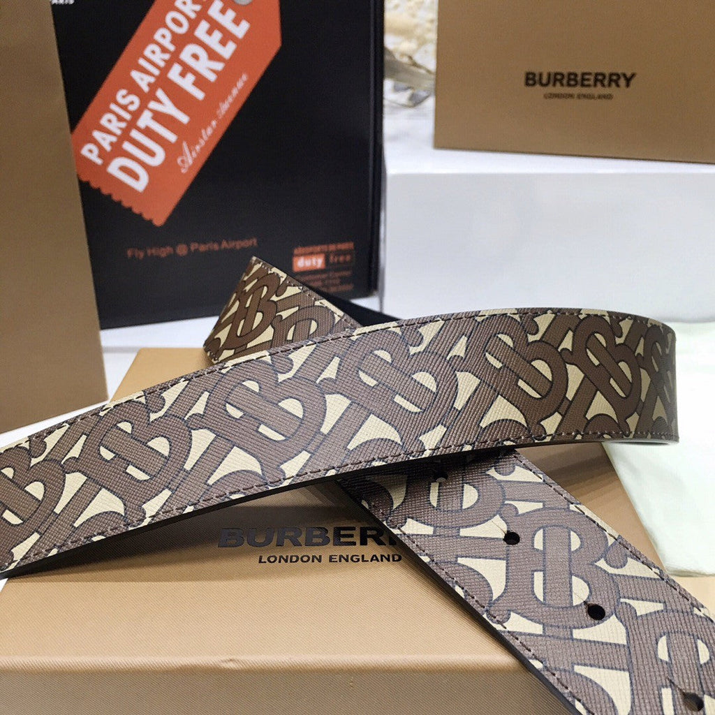 Burberry Brown Bridle Monogram Coated Canvas TB Buckle Belt in Silver Hardware