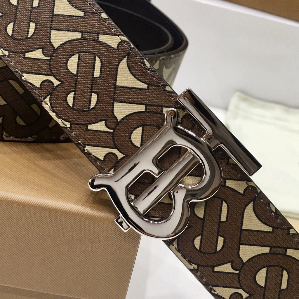 Burberry Brown Bridle Monogram Coated Canvas TB Buckle Belt in Silver Hardware