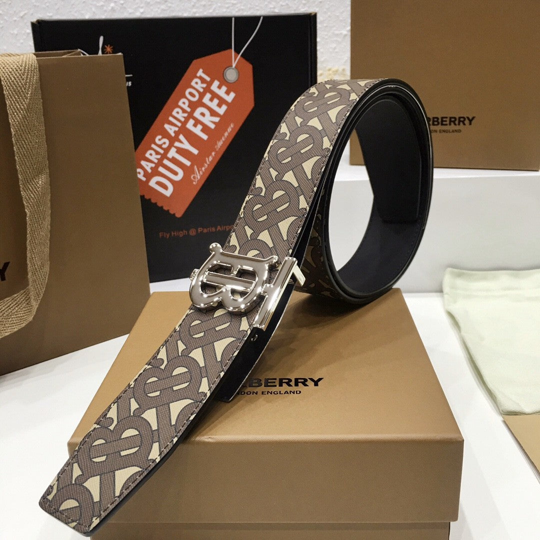 Burberry Brown Bridle Monogram Coated Canvas TB Buckle Belt in Silver Hardware