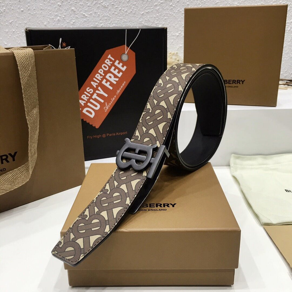 Burberry Brown Bridle Monogram Coated Canvas TB Buckle Belt in Matte Black Hardware
