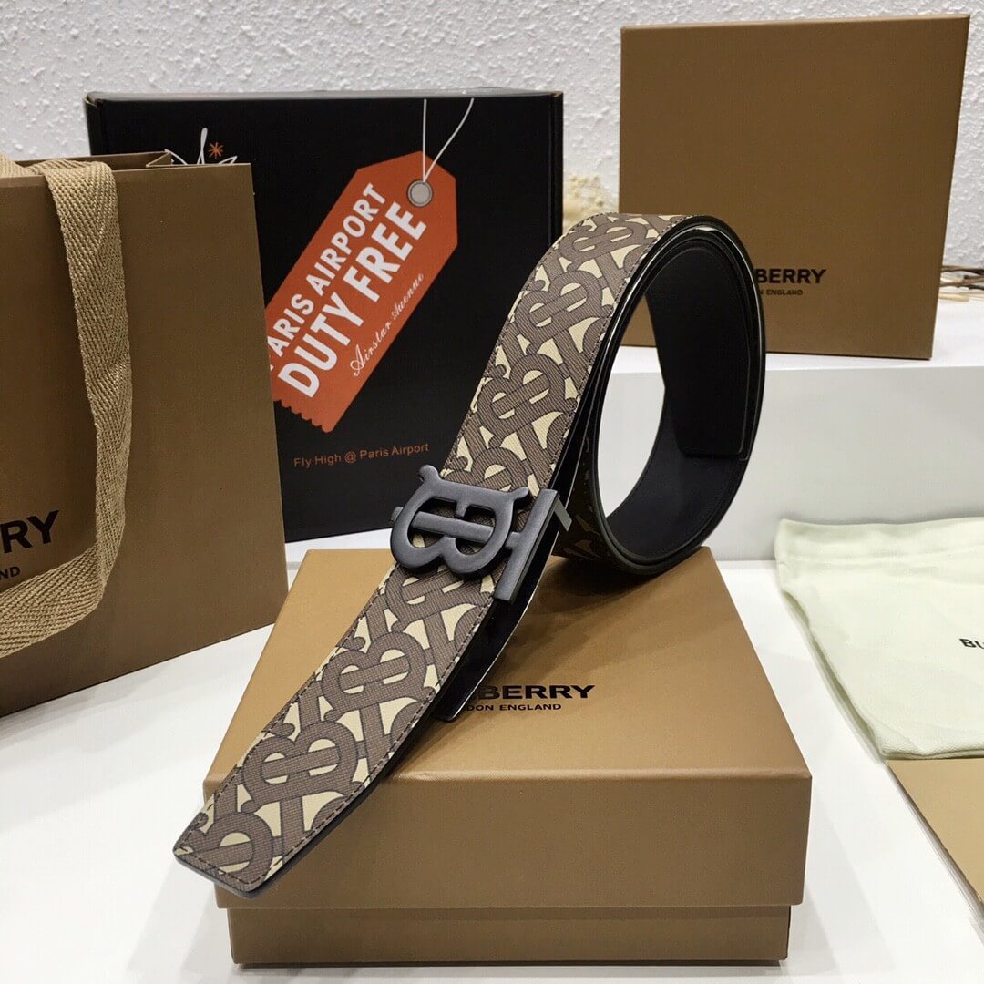 Burberry Brown Bridle Monogram Coated Canvas TB Buckle Belt in Matte Black Hardware