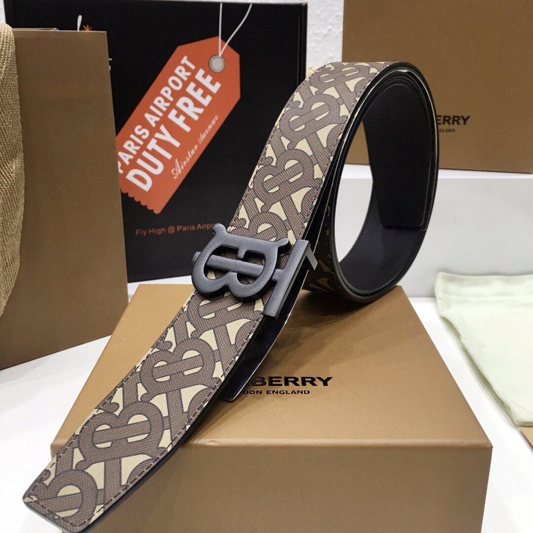 Burberry Brown Bridle Monogram Coated Canvas TB Buckle Belt in Matte Black Hardware