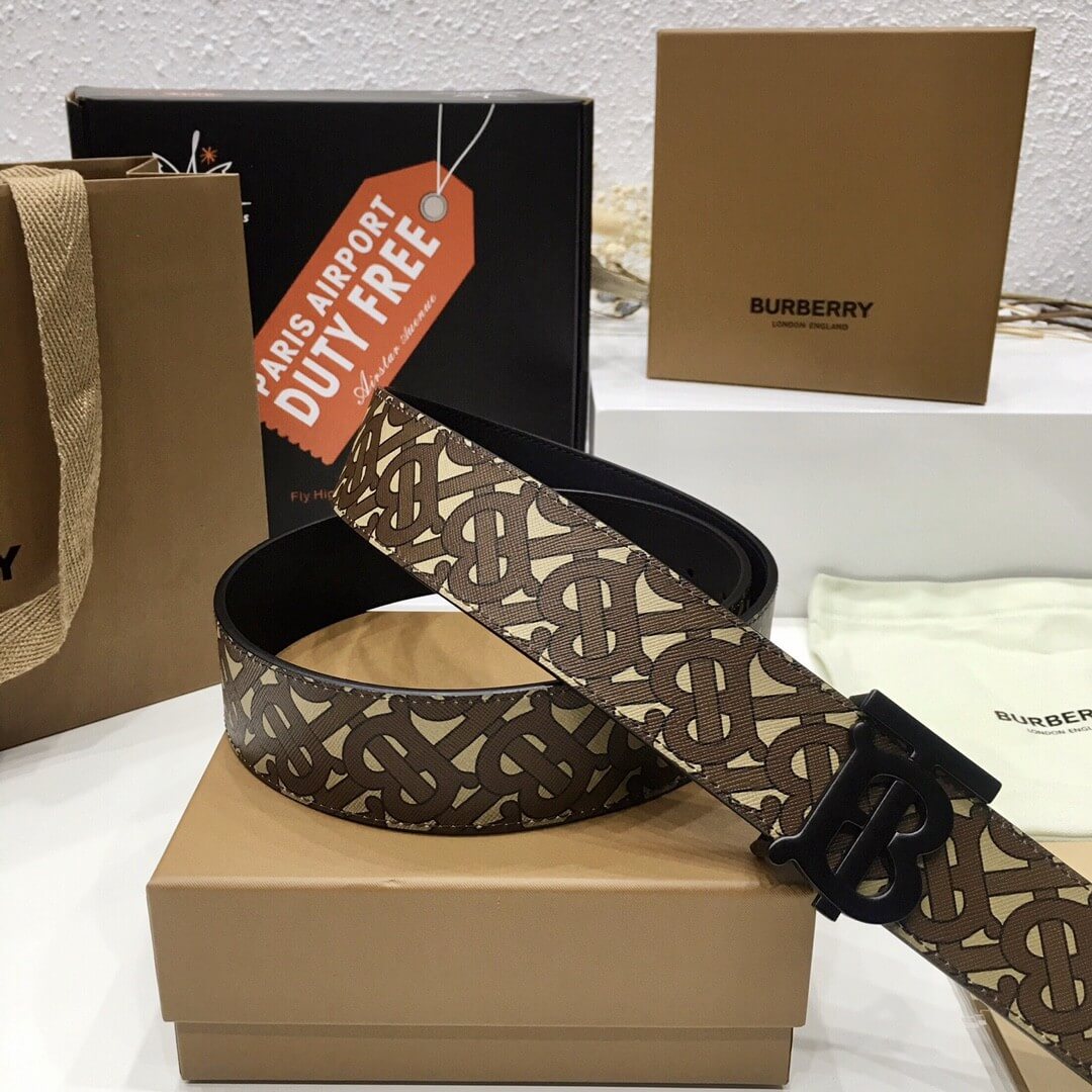 Burberry Brown Bridle Monogram Coated Canvas TB Buckle Belt in Matte Black Hardware