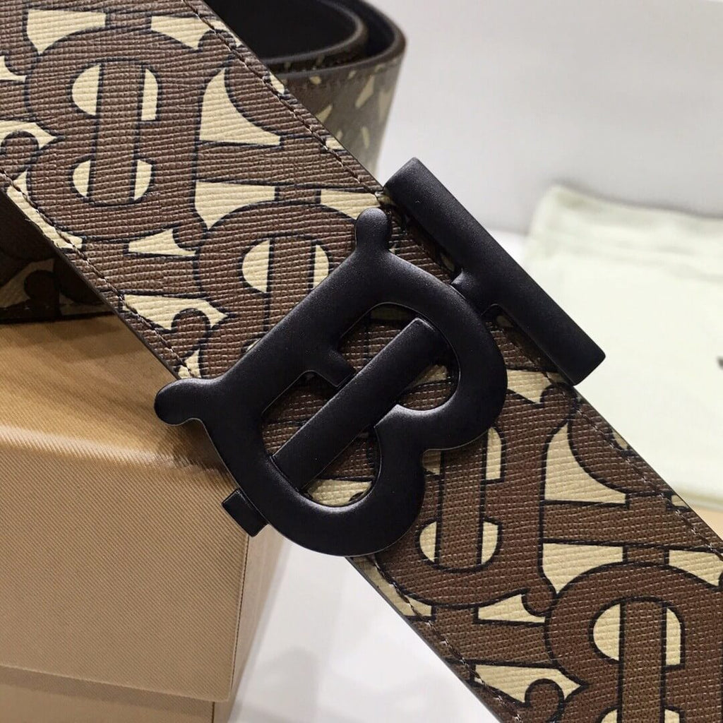 Burberry Brown Bridle Monogram Coated Canvas TB Buckle Belt in Matte Black Hardware