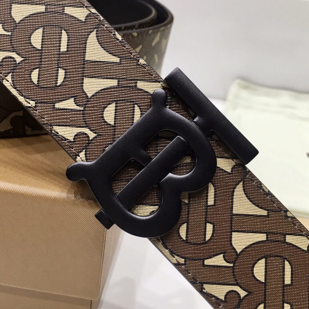 Burberry Brown Bridle Monogram Coated Canvas TB Buckle Belt in Matte Black Hardware