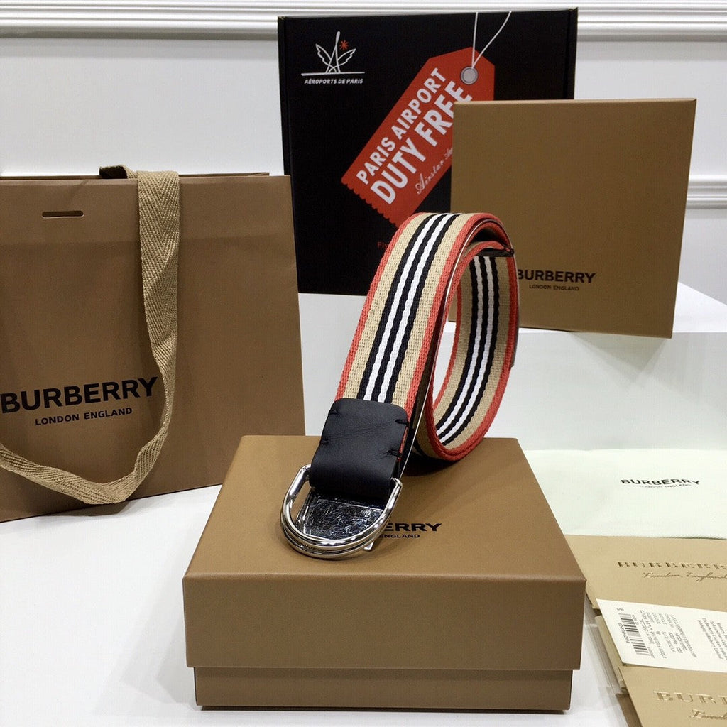Burberry Icon Stripe Webbing Belt with Silver-Tone D-ring Buckle
