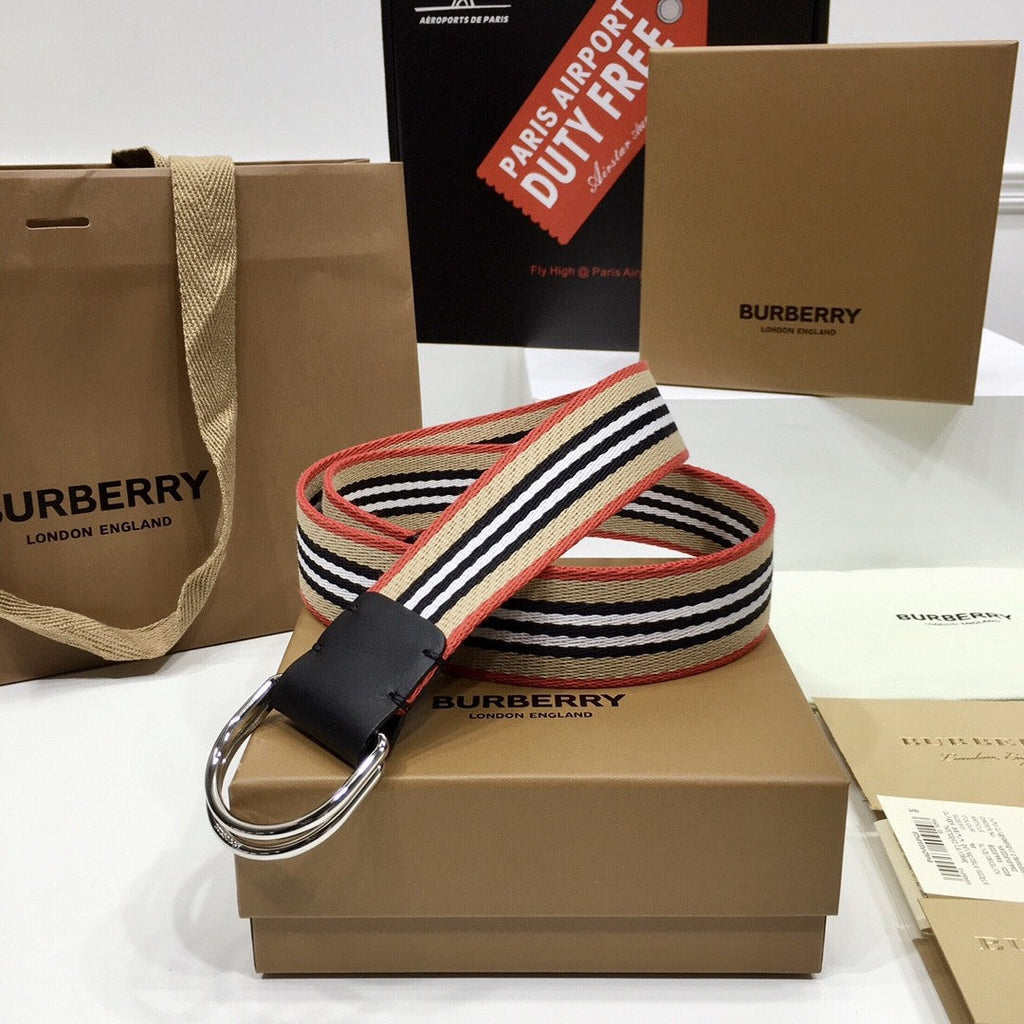 Burberry Icon Stripe Webbing Belt with Silver-Tone D-ring Buckle