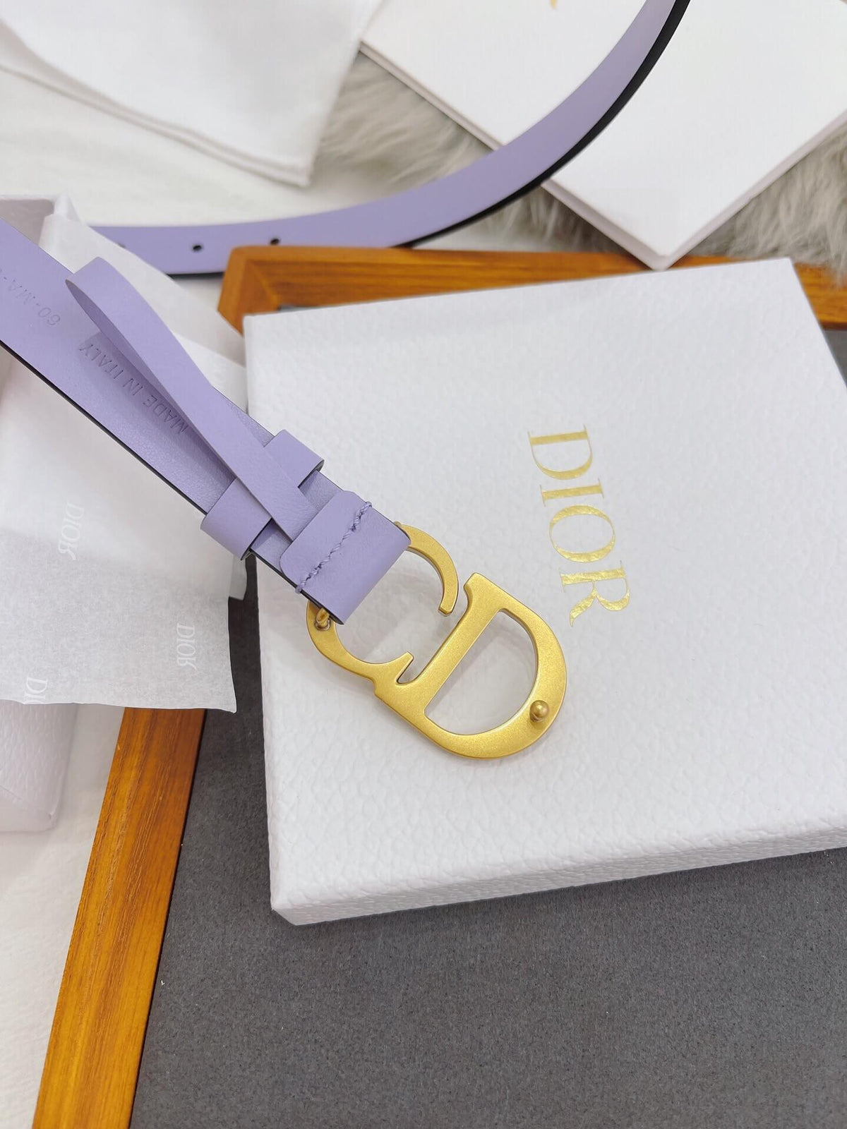 CHRISTIAN DIOR CD Buckle Leather Belt in Lavender Smooth Calfskin
