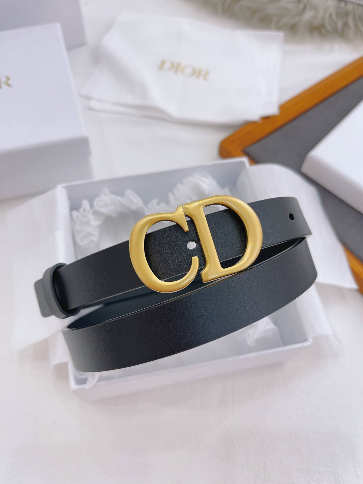 CHRISTIAN DIOR CD Buckle Leather Belt in Black Smooth Calfskin