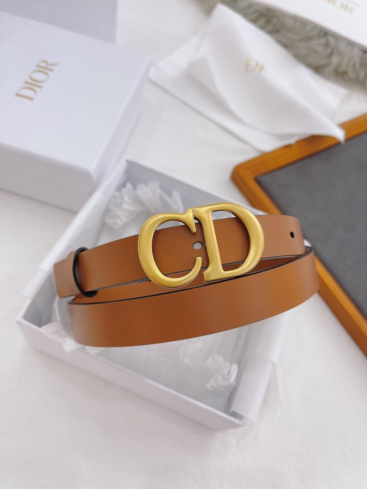 CHRISTIAN DIOR CD Buckle Leather Belt in Cognac