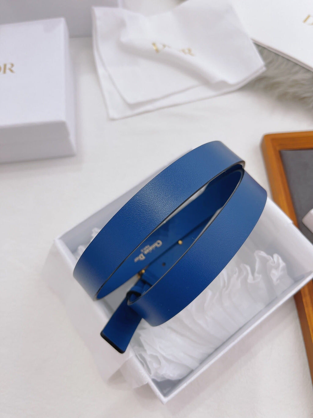 CHRISTIAN DIOR CD Buckle Leather Belt in Deep Blue