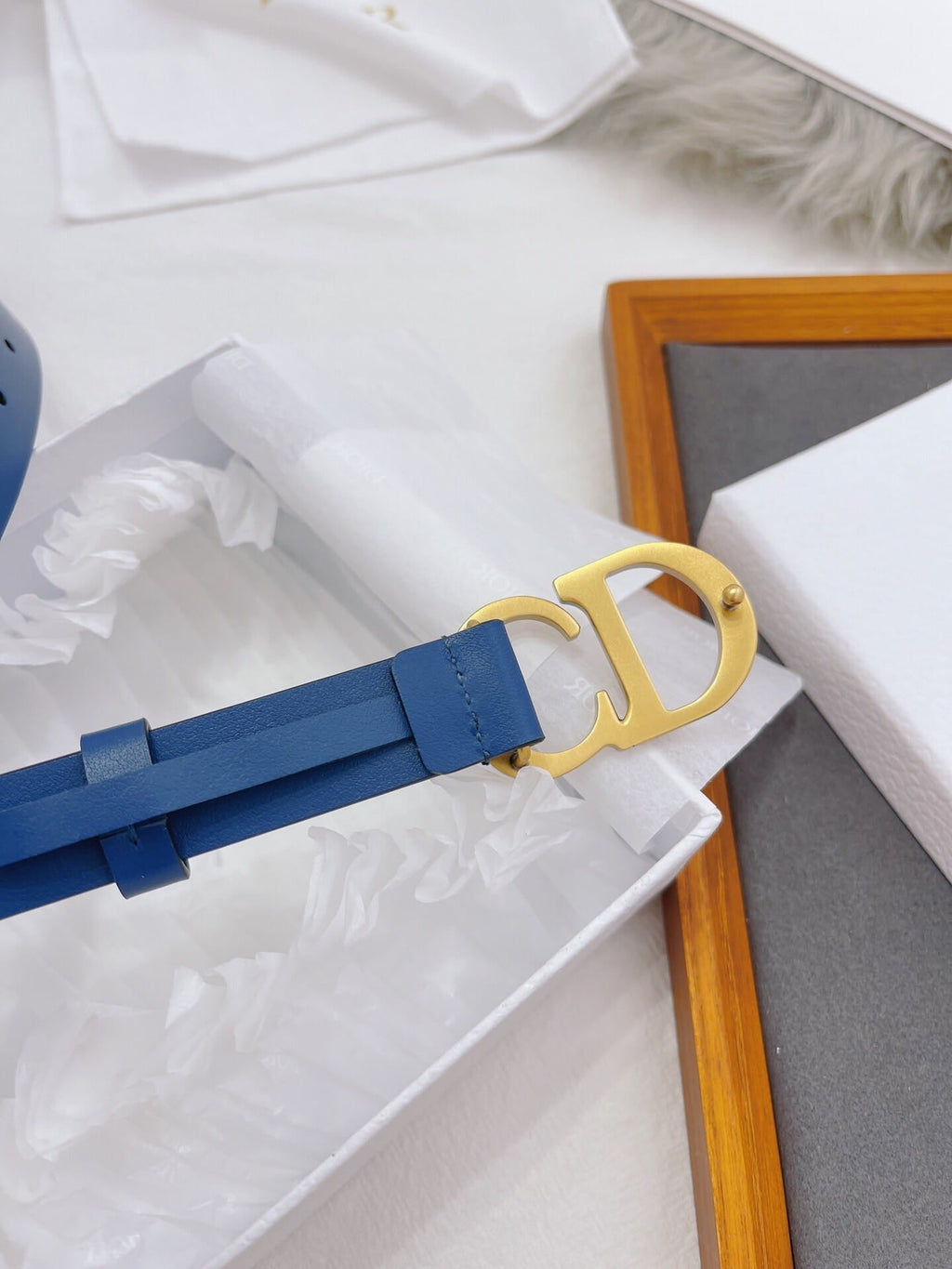 CHRISTIAN DIOR CD Buckle Leather Belt in Deep Blue