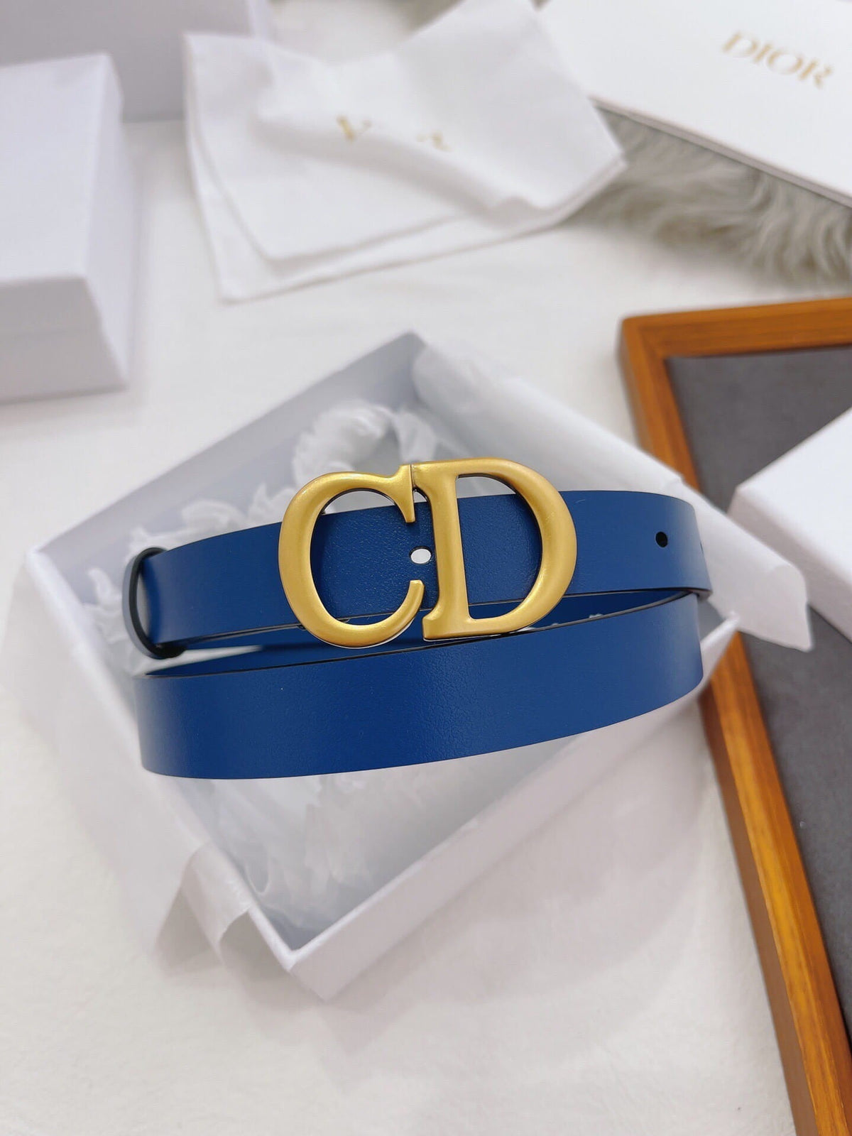 CHRISTIAN DIOR CD Buckle Leather Belt in Deep Blue