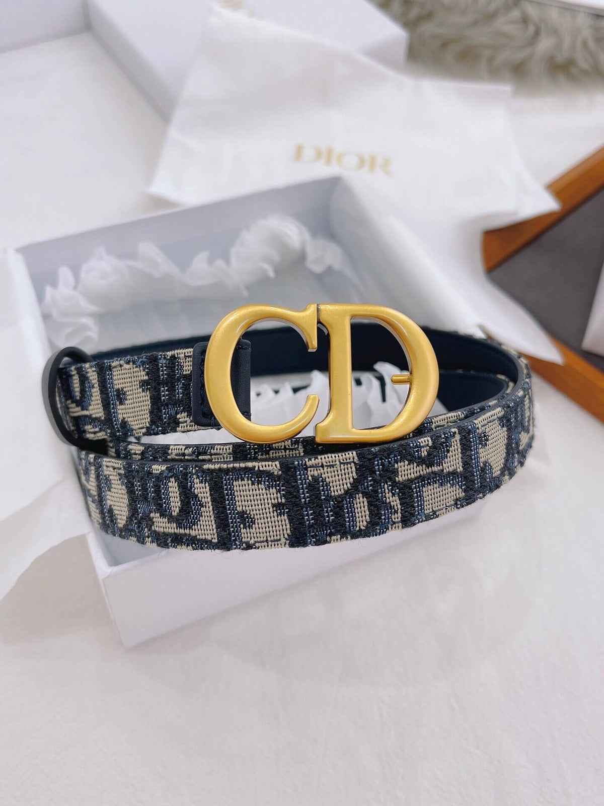 Christian Dior 30 Montaigne Reversible Belt in Blue Smooth Calfskin and Dior Oblique Jacquard