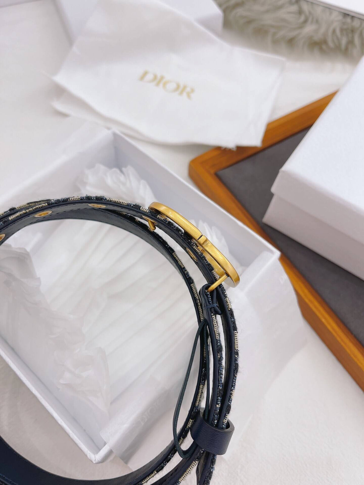 Christian Dior 30 Montaigne Reversible Belt in Blue Smooth Calfskin and Dior Oblique Jacquard