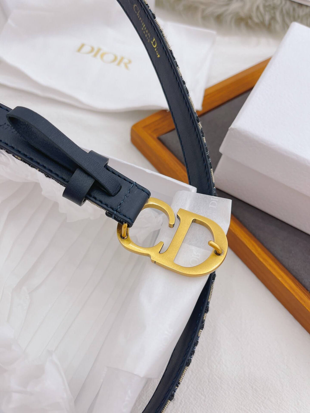 Christian Dior 30 Montaigne Reversible Belt in Blue Smooth Calfskin and Dior Oblique Jacquard