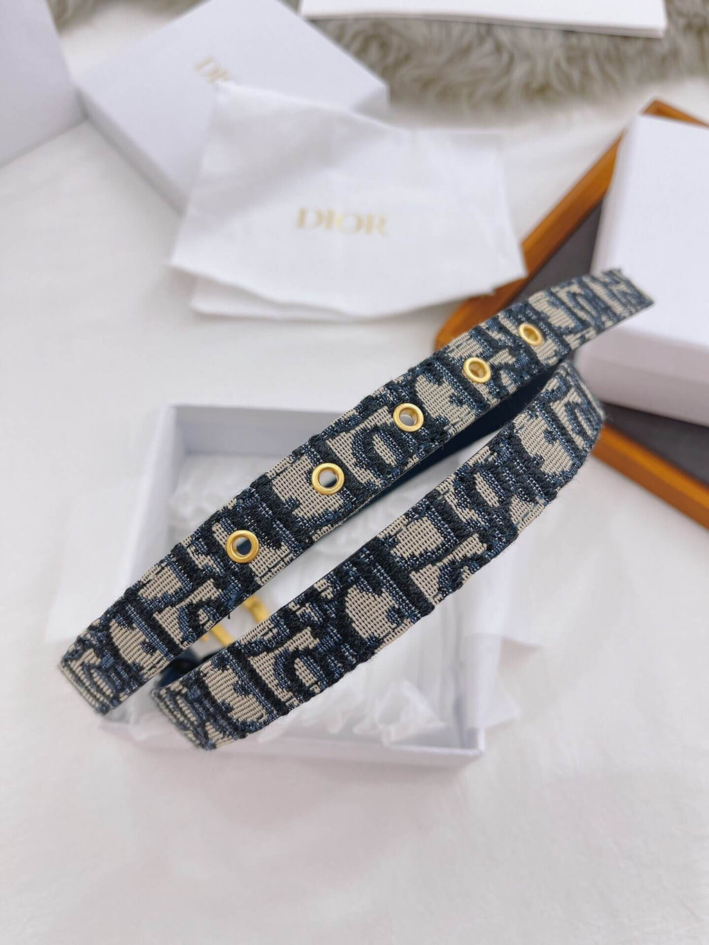 Christian Dior 30 Montaigne Reversible Belt in Blue Smooth Calfskin and Dior Oblique Jacquard