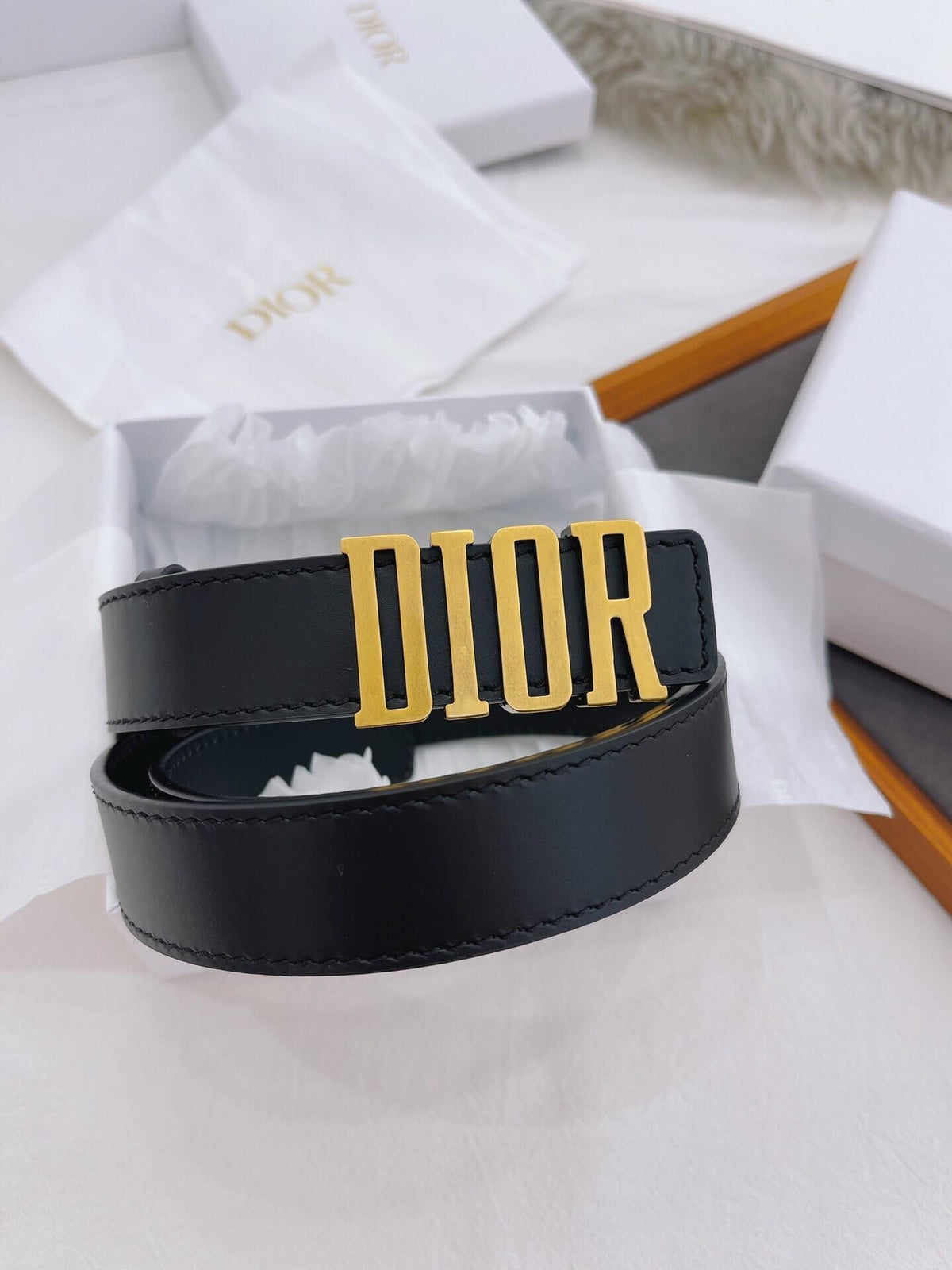Christian Dior 30mm Smooth Black Calfskin Belt with Matte Gold Dior Buckle
